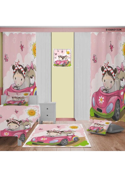 Pembe Kız ve Bebek Odası Seti: Perde, Yatak Örtüsü, Halı, Saat, Yastık, Kılıf