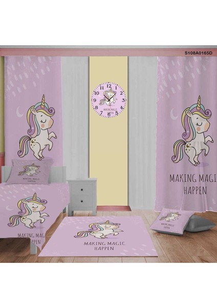 Pembe Unicorn Desenli Çocuk ve Bebek Odası Seti: Perde, Yatak Örtüsü, Halı, Duvar Saati, Yastık, Kılıf