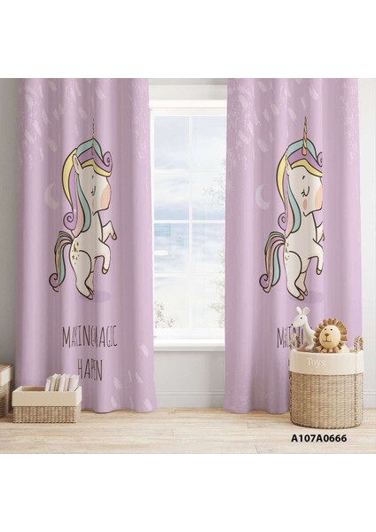 Pembe Unicorn Desenli Çocuk ve Bebek Odası Seti: Perde, Yatak Örtüsü, Halı, Duvar Saati, Yastık, Kılıf