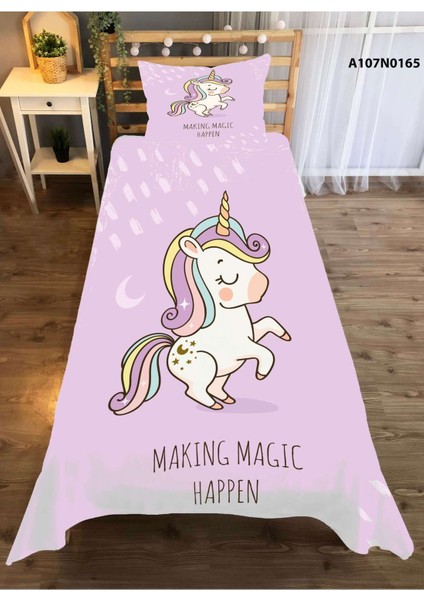 Pembe Unicorn Desenli Çocuk ve Bebek Odası Seti: Perde, Yatak Örtüsü, Halı, Duvar Saati, Yastık, Kılıf