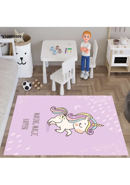 Pembe Unicorn Desenli Çocuk ve Bebek Odası Seti: Perde, Yatak Örtüsü, Halı, Duvar Saati, Yastık, Kılıf