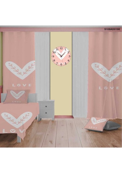 Pembe Kalp Desenli Çocuk ve Bebek Odası Seti (Perde, Yatak Örtüsü, Duvar Saati, Yastık, Kılıf)