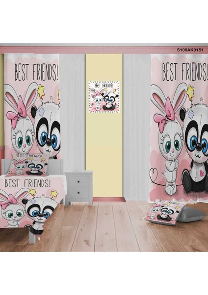 Panda ve Tavşan Temalı Çocuk Odası Seti, Perde, Yatak Örtüsü, Duvar Saati, Yastık, Kılıf
