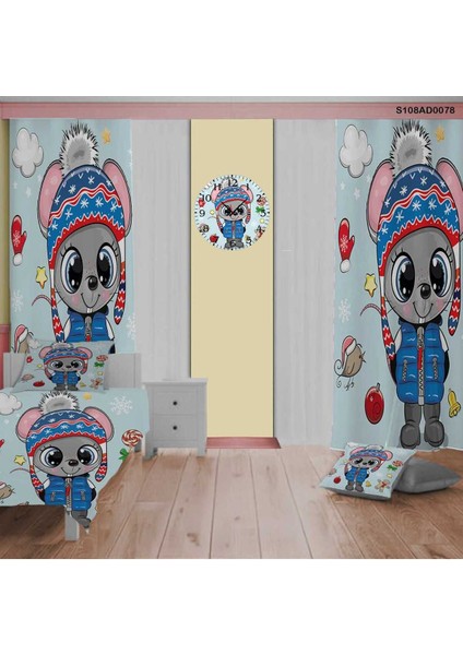 Fâr Desenli Çocuk ve Bebek Odası Seti: Perde, Yatak Örtüsü, Duvar Saati, Yastık ve Kılıf