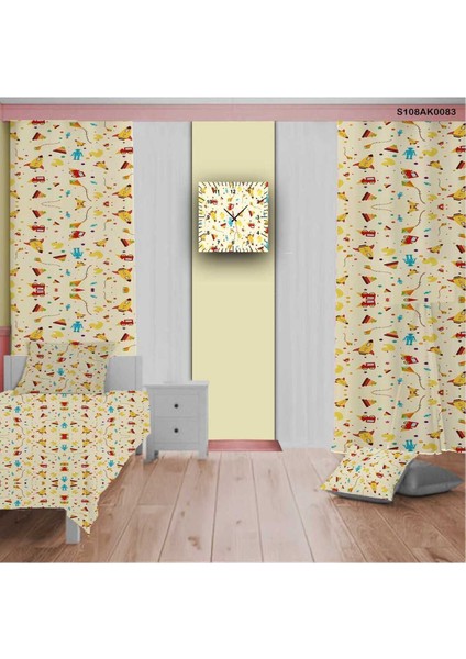 Sarı Uzay Temalı Çocuk ve Bebek Odası Seti (Perde, Yatak Örtüsü, Duvar Saati, Yastık, Kılıf)