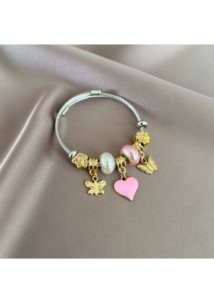 Pembe Kelebek Kalp Charm Bileklik modelleri