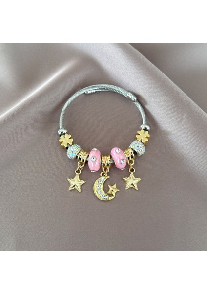 Taşlı Pembe Ay Yıldız Charm Bileklik