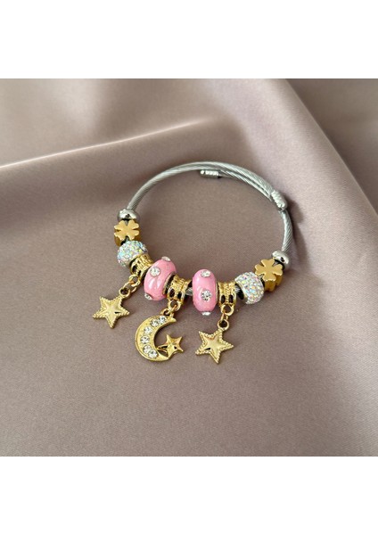 Taşlı Pembe Ay Yıldız Charm Bileklik fiyatları