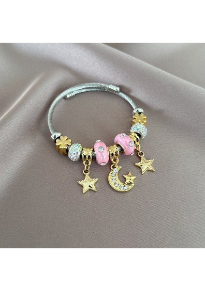 Taşlı Pembe Ay Yıldız Charm Bileklik modelleri