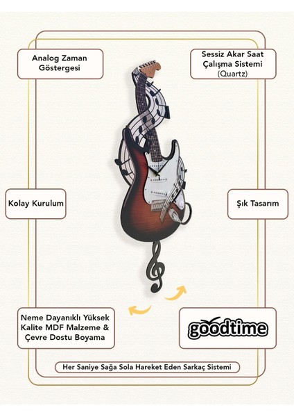 Beyaz Elektro Gitar Temalı Sarkaçlı Duvar Saati, Şık ve Dekoratif Tasarım modelleri