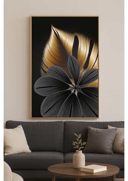 Feuilles De Minuit - Gerçek Cama Baskı Gold Alüminyum Metal Çerçeveli Tekli Modern Tablo