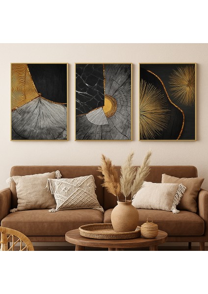 Yüzeye Dokunuş - Gerçek Cama Baskı Gold Alüminyum Metal Çerçeveli 3'lü Modern Tablo
