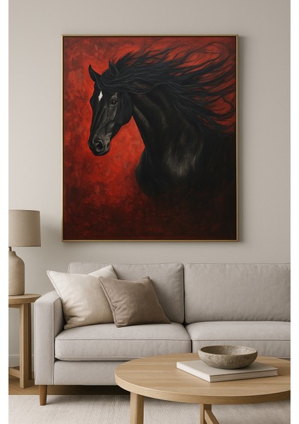 Kırmızı Zeminli Hırçın At- Gerçek Cama Baskı Gold Alüminyum Metal Çerçeveli Tekli Modern Tablo