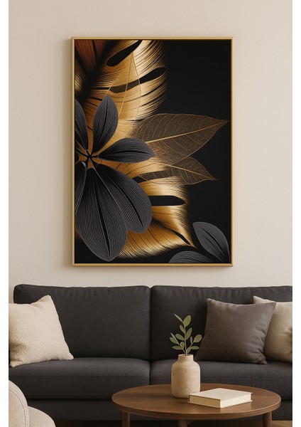 Feuilles De Minuit - Gerçek Cama Baskı Gold Alüminyum Metal Çerçeveli Tekli Modern Tablo