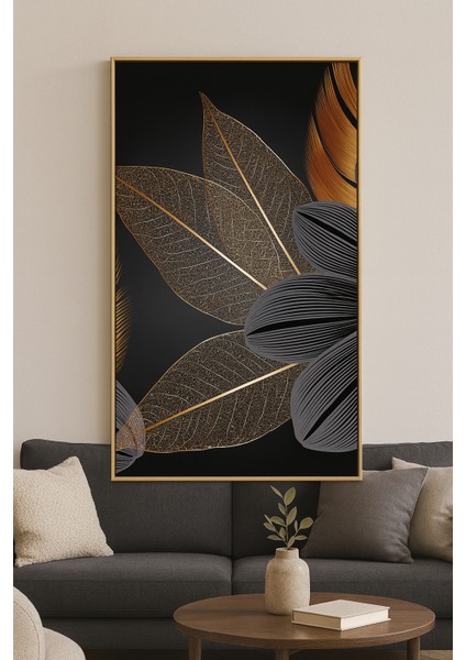 Feuilles De Minuit - Gerçek Cama Baskı Gold Alüminyum Metal Çerçeveli Tekli Modern Tablo