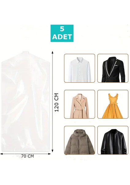 5 Adet 70X120 cm Şeffaf Elbise Poşeti, Askı Delikli Omuz Kesimli Elbise Poşeti