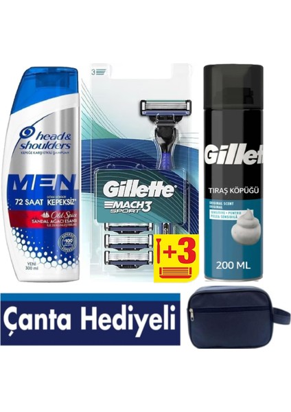 Mach3 Sport 1 Makine+ 3 Yedek Tıraş BIÇAĞI+200 ml Hassas Köpük +300 ml Şampuan +Çanta