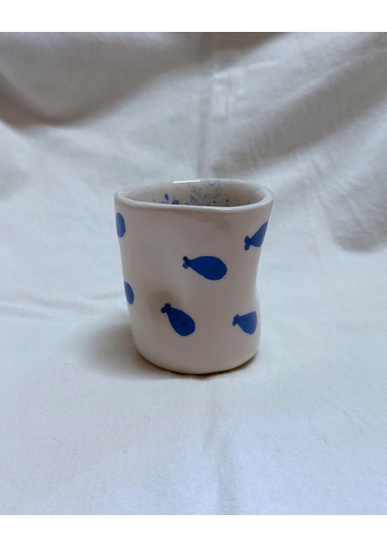 Arche Ceramic El Yapmı Seramik Kupa - Parmak Izli Espresso Bardağı - Balık Desenli - 100 ml - Tekli