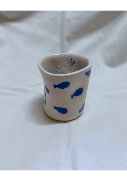 Arche Ceramic El Yapmı Seramik Kupa - Parmak Izli Espresso Bardağı - Balık Desenli - 100 ml - Tekli fiyatları