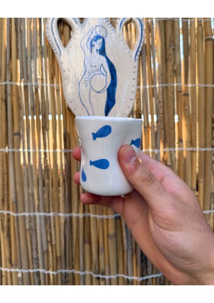 Arche Ceramic El Yapmı Seramik Kupa - Parmak Izli Espresso Bardağı - Balık Desenli - 100 ml - Tekli fırsatları