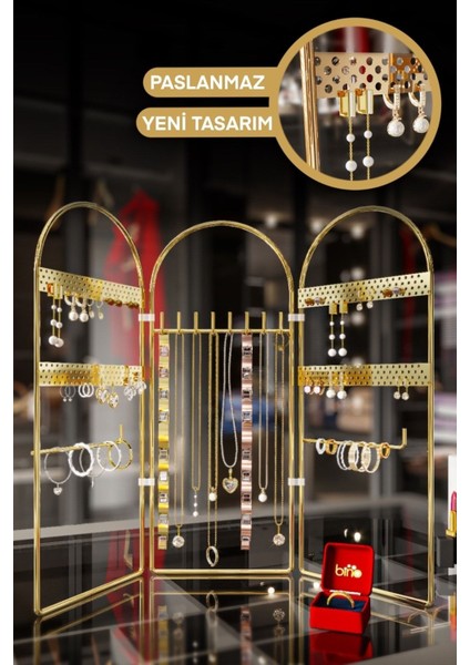 Oval Takı ve Makyaj Organizeri 3'lü Set – Paslanmaz Altın Kaplama, 45 x 37 cm, Premium ve Çok Amaçlı Tasarım