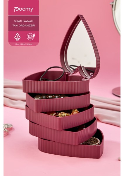 Pembe 5 Katlı Aynalı Kalp Takı Organizer, 360° Dönebilen Güzel Saklama Kutusu