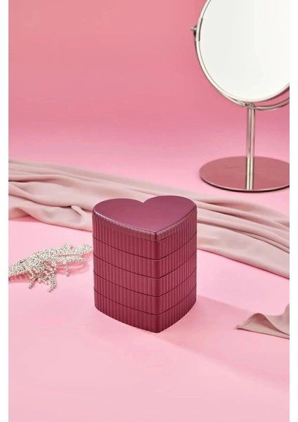 Pembe 5 Katlı Aynalı Kalp Takı Organizer, 360° Dönebilen Güzel Saklama Kutusu fırsatları
