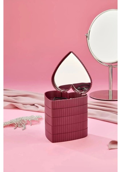 Pembe 5 Katlı Aynalı Kalp Takı Organizer, 360° Dönebilen Güzel Saklama Kutusu indirimleri