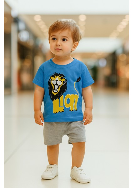 Lion Yazılı Aslan Desenli Erkek Çocuk Şortlu Takım 2-3 Yaş