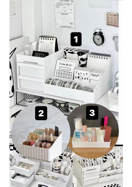 3’lü Set: Çekmeceli Rose Makyaj Standı, Golden Ruj Rafı ve Buse Kozmetik