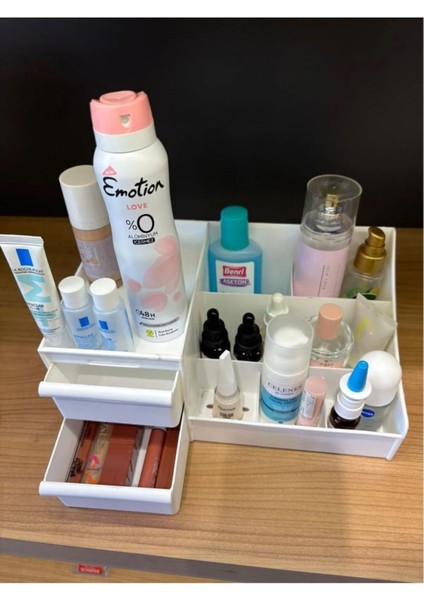 3’lü Set: Çekmeceli Rose Makyaj Standı, Golden Ruj Rafı ve Buse Kozmetik modelleri