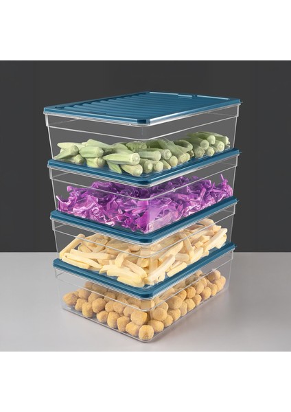 4'lü Derin Buzdolabı Organizer Set Düzenleyici Saklama Kabı Mikrodalga Difriz Kabı 5300ML Mavi