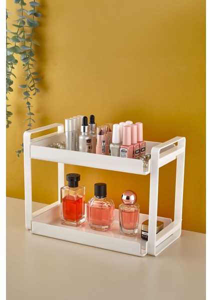 İki Katlı Büyük Sert Plastik Makyaj ve Takı Organizeri Beyaz