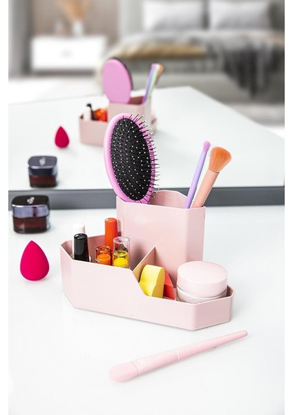 3 Bölmeli Pembe Makyaj ve Ofis Düzenleyici Plastik Köşe Organizer