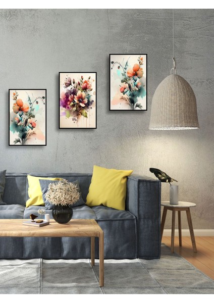Renkli Çiçek Temalı 3'lü Dekoratif Tablo Seti, 30X40 cm fiyatları