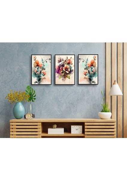 Renkli Çiçek Temalı 3'lü Dekoratif Tablo Seti, 30X40 cm indirimleri