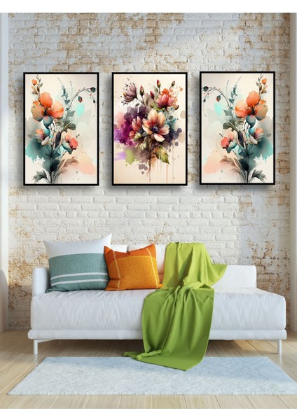 Renkli Çiçek Temalı 3lü Tablo Seti, 20X30 Cm, Dekoratif Sanat Eseri