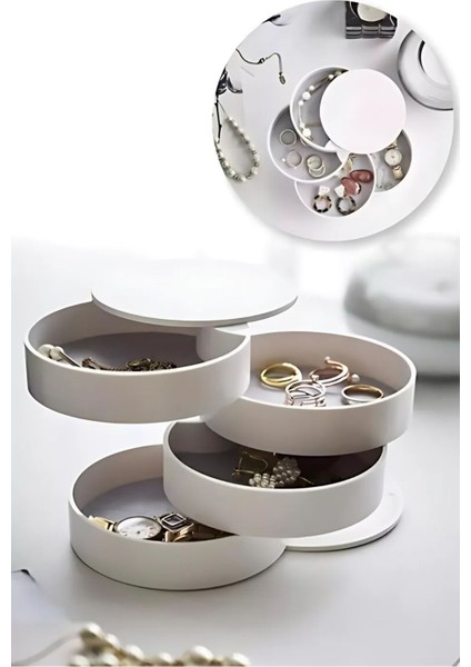 4 Katlı Dönebilir Takı ve Aksesuar Organizeri, Beyaz, Şık ve Pratik Saklama Çözümü