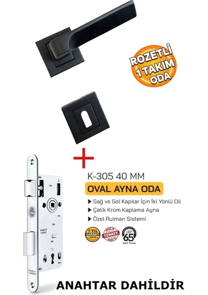 Paslanmaz Çelik Siyah Kare Kapı Kolu ve Kilit Seti, 40 mm