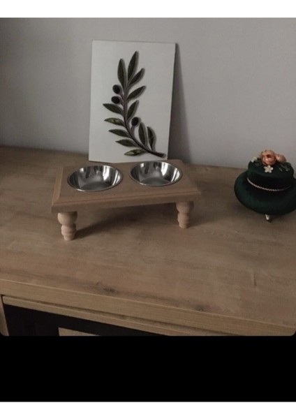 Yeşil Çelik ve Ahşap Kedi ile Köpek Mama ve Su Kabı