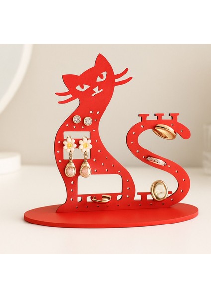 Kedi Figürlü Mdf Takı Düzenleyici, Küpe ve Yüzük Saklama Alanı