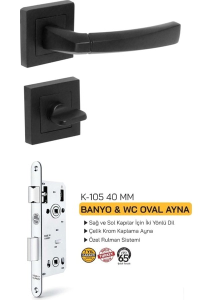 Paslanmaz Kare Rozetli Mat Siyah Wc Kapı Kolu ve Kilidi Set 40 mm