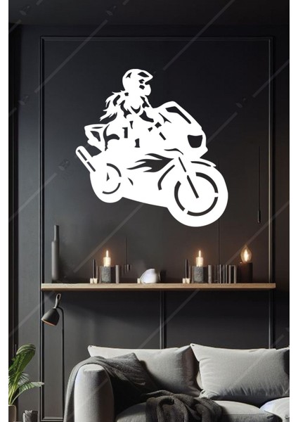 Ahşap Motorcu Kız Duvar Dekoru, Beyaz, Şık ve Modern Tasarım
