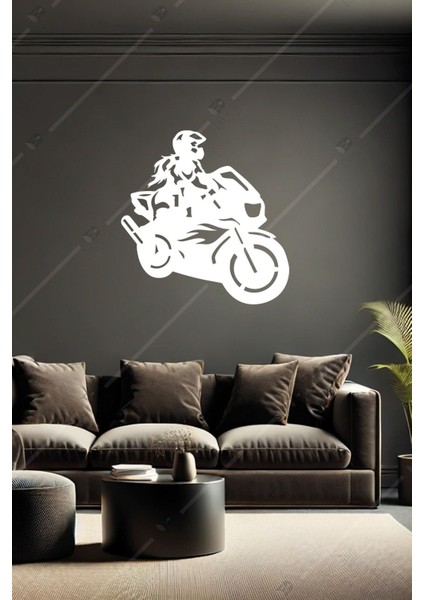 Ahşap Motorcu Kız Duvar Dekoru, Beyaz, Şık ve Modern Tasarım fiyatları