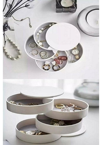 7 Bölmeli Döner Takı ve Makyaj Düzenleyici, Beyaz, İkili Set modelleri