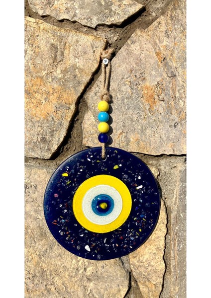 Sarı Lacivert Mozaik Cam Taşlı El Yapımı Balkon Duvar Süsü 20 cm