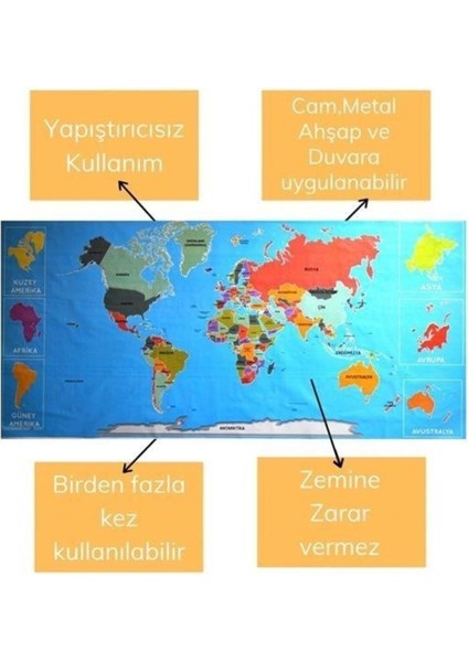 Renkli Atlas Dünya Haritası Manyetik Duvar Stickerı 118X56 Cm, Kolay Yapışkanlı