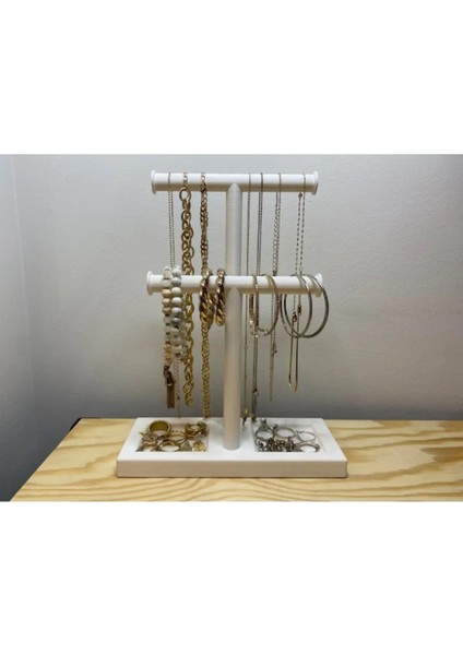 Beyaz Dekoratif Takı Standı, Ikili Kolye ve Yüzük Organizeri, Şık Takı Askısı