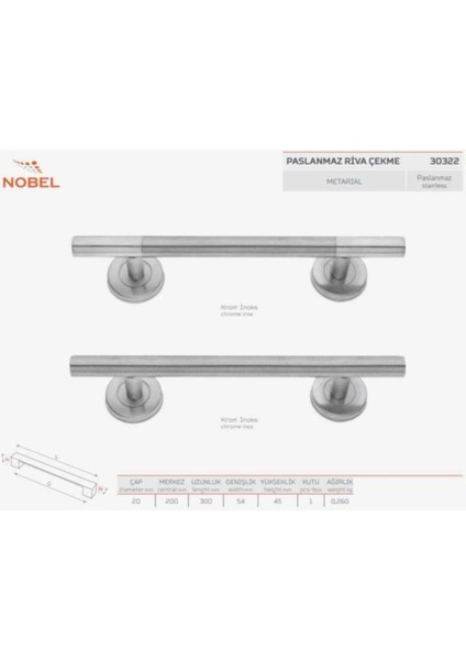 Paslanmaz Riva Çekme Kolu 30CM, Gizli Vidalı, Inox Q20MM
