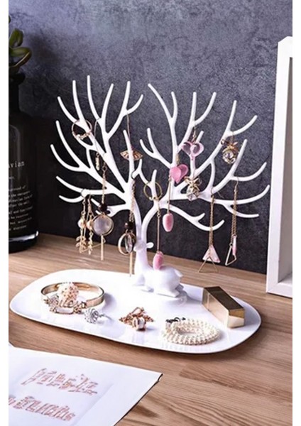 Beyaz Renkli Geyik Desenli Bilezik ve Takı Askısı, Şık ve Kullanışlı Tasarım